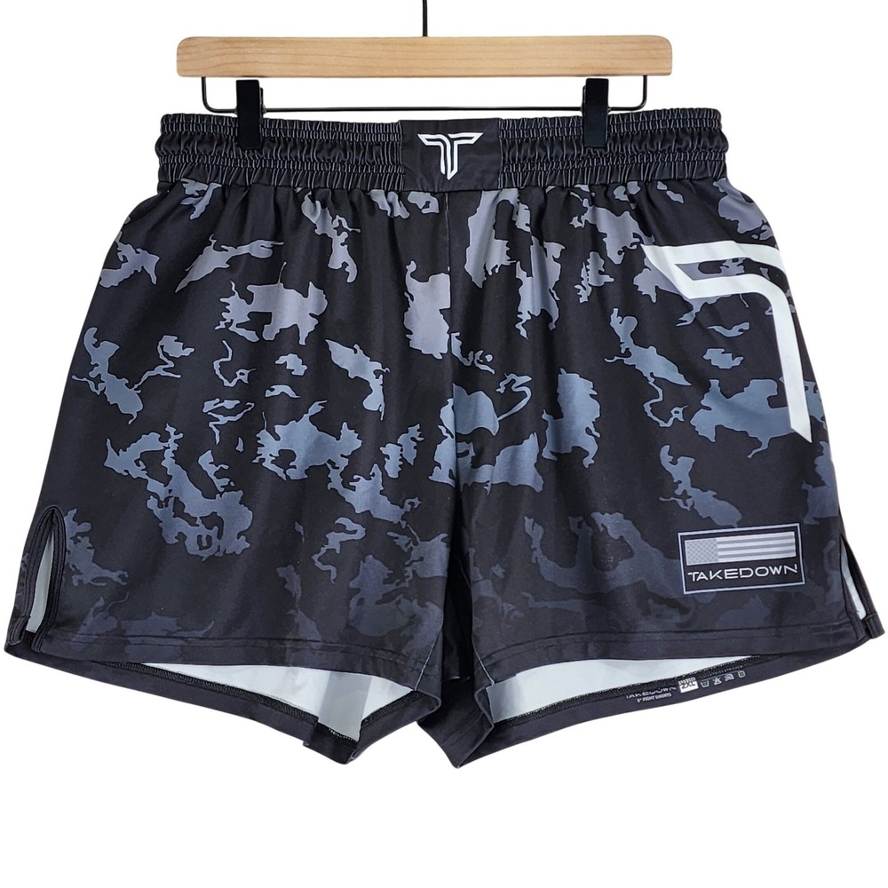 Takedown Fight Shorts Mens 2XL Black Grey Camo Athletic Grappling MMA Training
